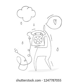 Hand paint vector outline stick figure illustration. Character people. Man with the phone. Speech. (Can be used as texture for cards, invitations, DIY projects, web sites)