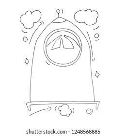 Hand paint vector outline stick figure illustration. Character people. Man in space. Heart. Planets. Rocket. (Can be used as texture for cards, invitations, DIY projects, web sites)