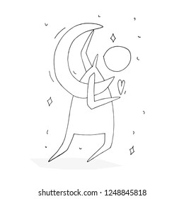 Hand paint vector outline stick figure illustration. Characte people. Man in space. Heart. Moon. Star. Speech (Can be used as texture for cards, invitations, DIY projects, web sites)