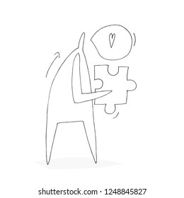 Hand paint vector outline stick figure illustration. Character people. Man with puzzle. Heart. Speech.(Can be used as texture for cards, invitations, DIY projects, web sites)