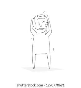 Hand paint vector outline stick figure man with planet in hands. Character people. Stair. World. (Can be used as texture for cards, invitations, DIY projects, web sites)