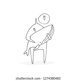 Hand paint vector outline stick figure illustration. Character people. Man and whale. Heart. Speech. Sea. (Can be used as texture for cards, invitations, DIY projects, web sites)