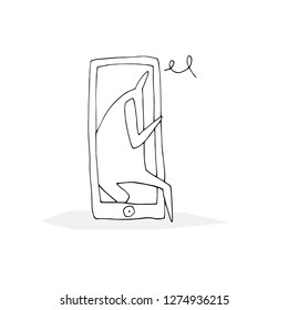 Hand paint vector outline stick figure illustration. Character people. Man with the phone. Speech. (Can be used as texture for cards, invitations, DIY projects, web sites)