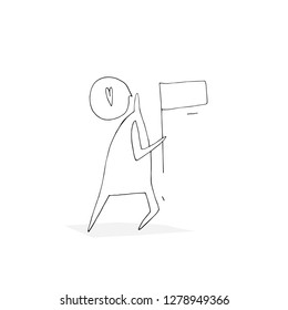 Hand paint vector outline stick figure illustration. Character people. Man with flag. Holiday time. Heart. (Can be used as texture for cards, invitations, DIY projects, web sites)