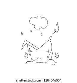 Hand paint vector outline stick figure illustration. Man in ship. Speech. Fish. Sea. Lettering. (Can be used as texture for cards, invitations, DIY projects, web)