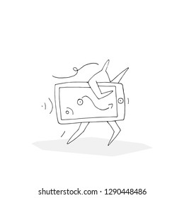 Hand paint vector outline stick figure illustration. Character people. Man with the phone. 