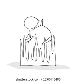 Hand paint vector outline stick figure illustration. Character people. Man in the wild, forest, park. Heart. Spring time. 