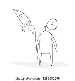 Hand paint vector outline stick figure illustration. Character people. Man with rocket. Speech. (Can be used as texture for cards, invitations, DIY projects, web sites)