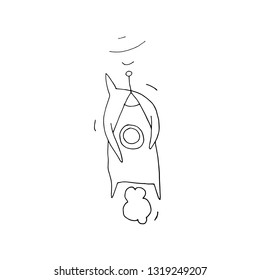 Hand paint vector outline stick figure illustration. Character people. Man in space. Planets. Rocket. 