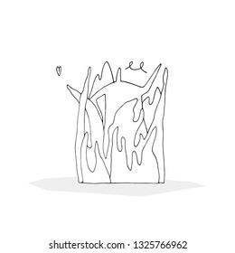 Hand paint vector outline stick figure illustration. Character people. Man in the wild, forest, park. Heart. Spring time. (Can be used as texture for cards, invitations, DIY projects, web)