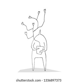 Hand paint vector outline stick figure illustration. Character people. Man with flower. Carnival time. Speech. Heart. (Can be used as texture for cards, invitations, DIY projects, web sites)