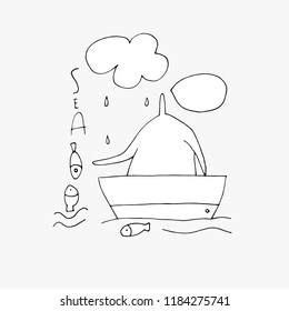 Hand paint vector stick figure illustration. Man in ship. Speech. Fish. Sea. Lettering. (Can be used as texture for cards, invitations, DIY projects, web)
