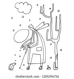 Hand paint vector stick figure illustration. The old woman feeds the birds. Speech.(Can be used as texture for cards, invitations, DIY projects, web sites or for any other design.)