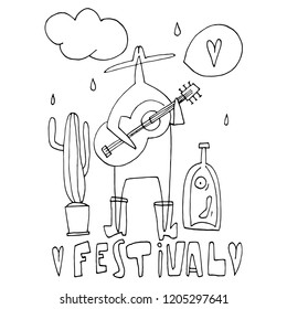 Hand paint vector stick figure isolated illustration. Man with guitar. Carnival. Cactus.(Can be used as texture for cards, invitations, DIY projects, web sites or for any other design)