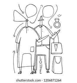Hand paint vector stick figure illustration. People. Newly married couple. Heart. Ring (Can be used as texture for cards, invitations, DIY projects, web sites or for any other design.)