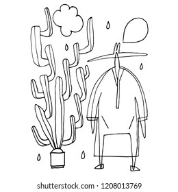 Hand paint vector stick figure illustration. Outline people. Man in sombrero. Carnival time. Cactus. (Can be used as texture for cards, invitations, DIY projects, web sites or for any other design)