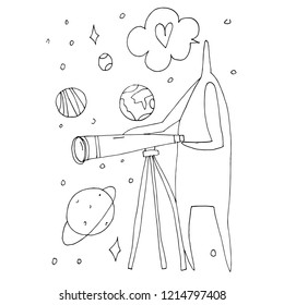 Hand paint vector stick figure illustration. Character people. Man in space. Heart. Planets. Telescope (Can be used as texture for cards, invitations, DIY projects, web sites or for any other design.)