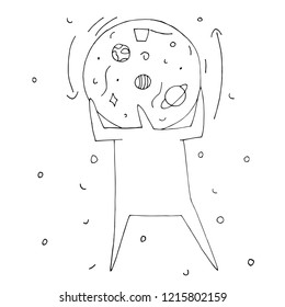 Hand paint vector stick figure illustration. Character people. Man in space. Heart. Planets. Star. (Can be used as texture for cards, invitations, DIY projects, web sites or for any other design.)