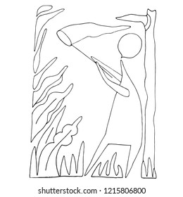 Hand paint vector stick figure illustration. Character people. Man with the butterfly net. Forest outline. (Can be used as texture for cards, invitations, DIY projects, web sites)
