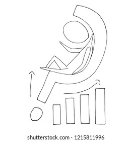 Hand paint vector stick figure illustration. Character people. Man sitting on a question mark. Speech. (Can be used as texture for cards, invitations, DIY projects, web sites or for any other desi