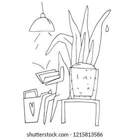 Hand paint vector stick figure illustration. Character people. Man sits on a chair and reads. Gardening (Can be used as texture for cards, invitations, DIY projects, web sites)