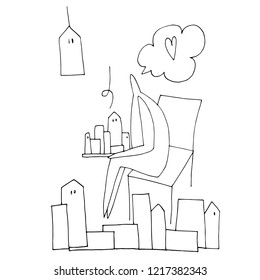 Hand paint vector stick figure illustration. Character people. Speech. Man sits on a chair with cartoon city in hands. Outline buildings.