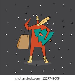 Hand paint vector stick figure illustration. Character people. Man with christmas tree. Heart. (Can be used as texture for cards, invitations, DIY projects, web sites)