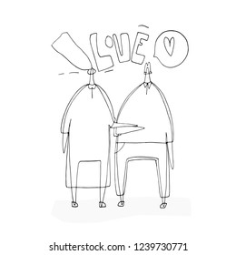 Hand paint vector stick figure illustration. Character people. Newly married couple. Heart. (Can be used as texture for cards, invitations, DIY projects, web sites)