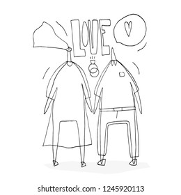 Hand paint vector stick figure illustration. Character people. Newly married couple. Heart. (Can be used as texture for cards, invitations, DIY projects, web sites)