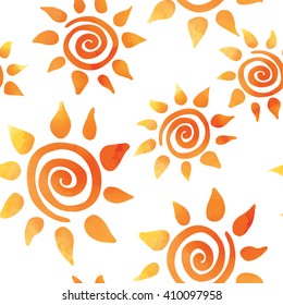 Hand paint watercolor abstract spiral sun summer vector seamless pattern