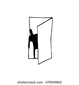 Hand Paint Watercolor Man Peeking Out Of Door Black Isolated Illustration. Stick Figure Icon. 