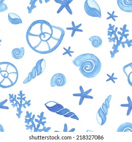 Hand paint watercolor shells seamless for design scrap book paper, textile, web sites, pattern fills