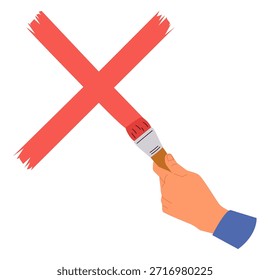 Hand with paintbrush drawing red cross on wall. Arm holding brush and painting graffiti. Stop or rejection icon. Negative prohibition symbol. Dislike and incorrect mark. Stop signal. Vector concept