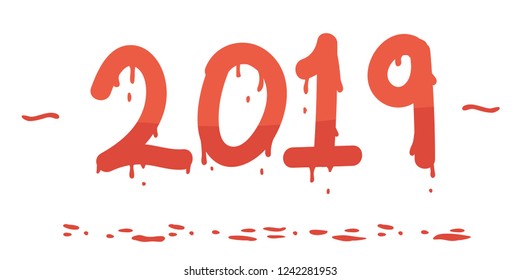 Hand Painted 2019 Bleeding Numbers Vector Illustration. Gory Dripping Red. Flat Color New Year Blood Header for Paint Splash Party Invitation Decoration, Isolated Calendar Cover, Planner Banner.