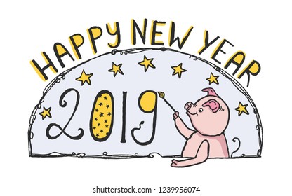 Hand Painted 2019 Year Of The Pig Vector Illustration. Cute Flat Color Chinese New Year Piggy For Scrapbooking Header, Party Invitation Decoration, Kids School Calendar Cover, Creative Planner Banner.