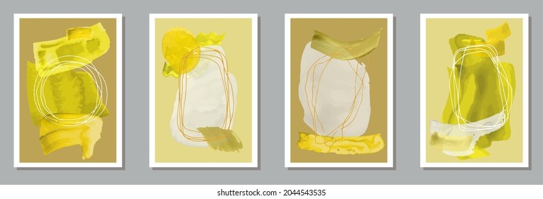 Hand painted abstract canvas vector set. Watercolor smudges texture. Nordic style frames. Youth home decor layouts. Doodle elements.