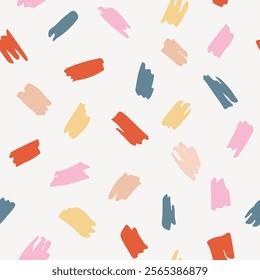 Hand painted abstract colorful sketched sprinkles in a color palette of red, yellow, pink, cream and blue on off white background A seamless vector pattern. Great for homedecor, fabric,wallpaper, gift