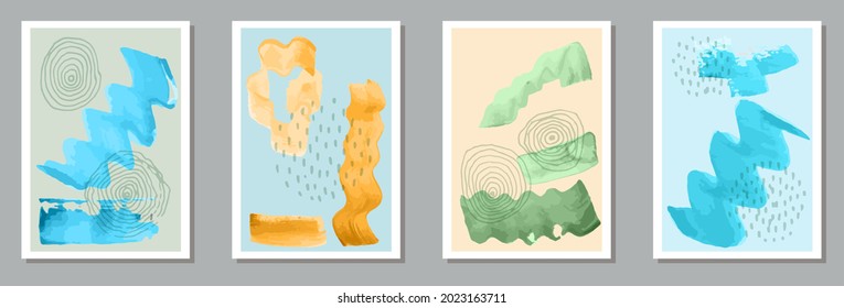 Hand painted abstract covers vector collection. Watercolor stains backgrounds. Scandinavian style frames. Cool artwork layouts. Brush stroke elements.