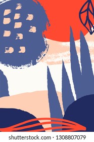 Hand painted abstract design with brush strokes, textures and shapes in bright colors. Creative and modern illustration, wall art, greeting card, packaging design.