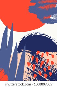 Hand painted abstract design with brush strokes, textures and shapes in bright colors. Creative and modern illustration, wall art, greeting card, packaging design.