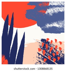 Hand painted abstract design with brush strokes, textures and shapes in bright colors. Creative and modern illustration, wall art, greeting card, packaging design.