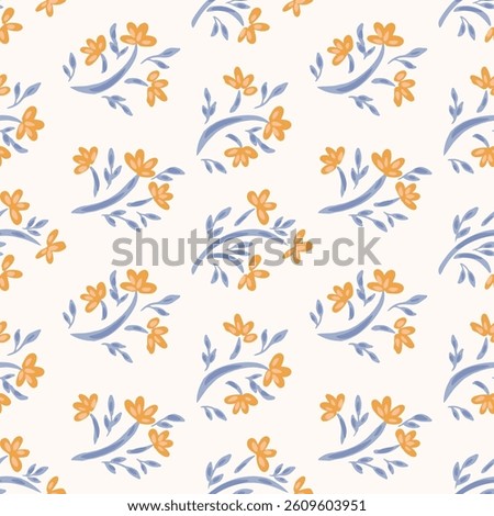 Hand painted abstract flower drapes forming a diagonal floral pattern in a color palette of orange, cream and blue on off white background. Seamless vector pattern. Great for home decor, fabric, gifts