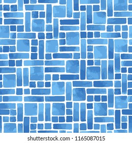 Hand painted abstract geometric tile in blue. Seamless mosaic vector pattern