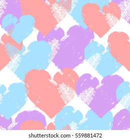 Hand painted acrylic hearts, romantic love seamless vector pattern in grunge style.