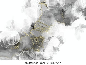 Hand painted alcohol ink background in black and white with gold glitter 