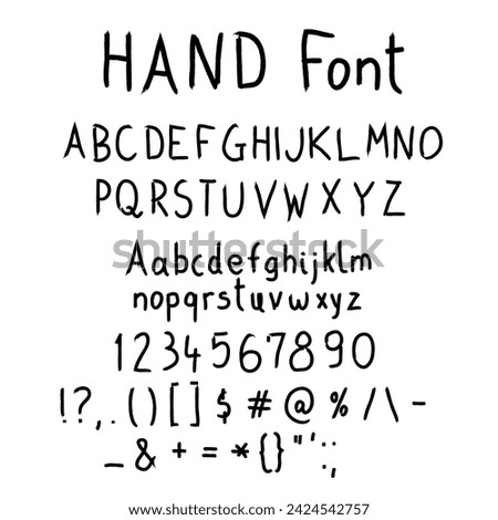 Hand painted alphabet set. Full set of characters upper case and lower case - handwritten casual style lettering font. Vector font.
