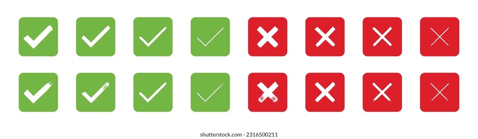 Hand painted approved and rejected signs. Grunge style check mark and cross vector illustration