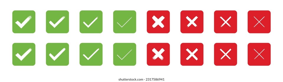 Hand painted approved and rejected signs. Grunge style check mark and cross vector illustration