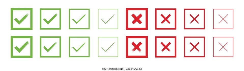 Hand painted approved and rejected signs. Grunge style check mark and cross vector illustration
