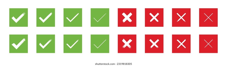 Hand painted approved and rejected signs. Grunge style check mark and cross vector illustration